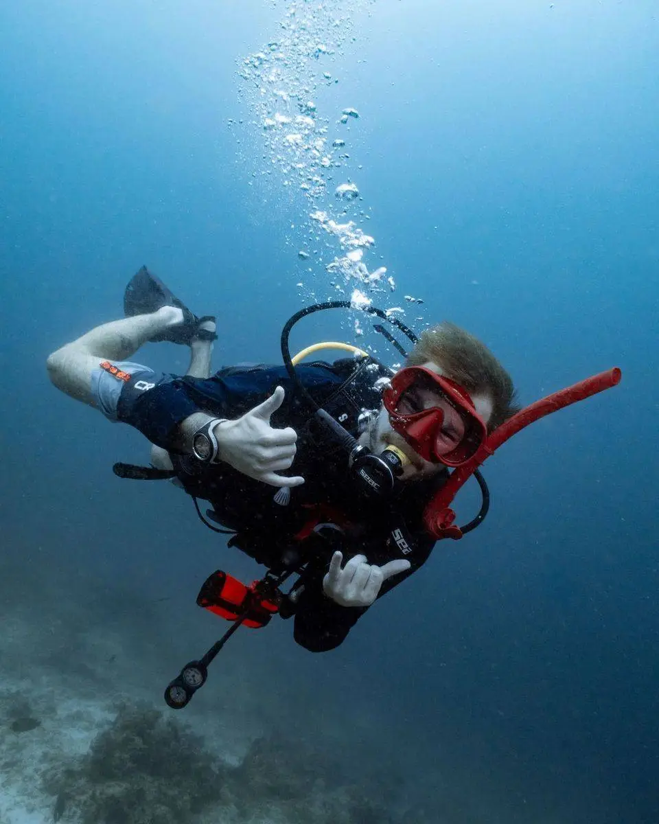 Descending into the blue off Gili Trawangan
