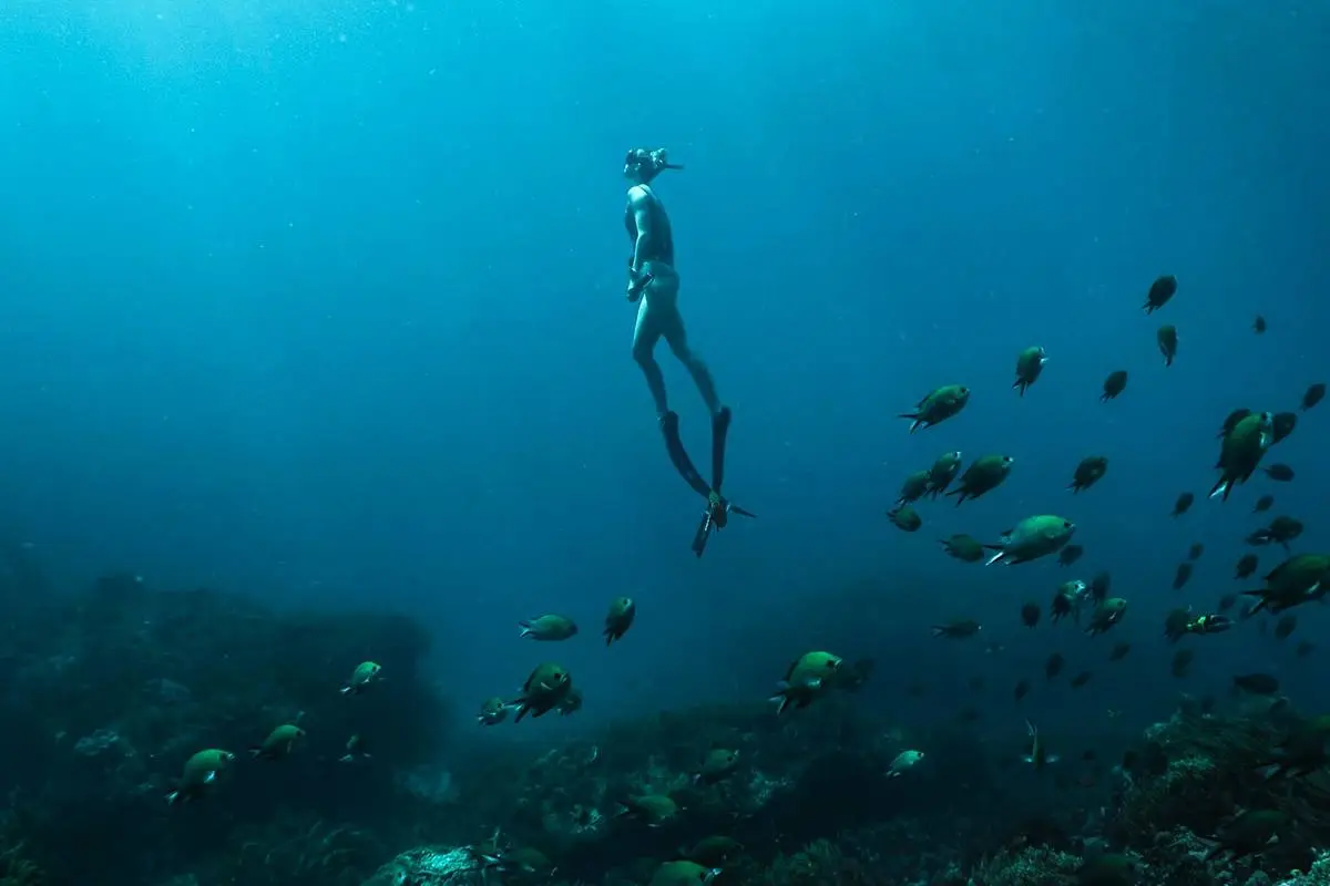 A freediver descending on a single breath over a coral reef with a school of fish