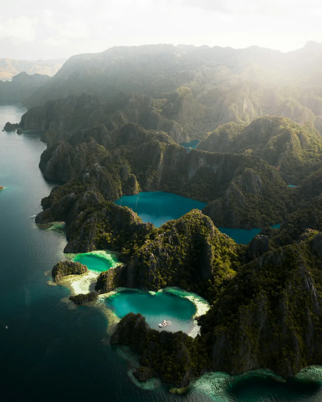 Morning mist over Barracuda Lake and its limestone walls, Coron Island