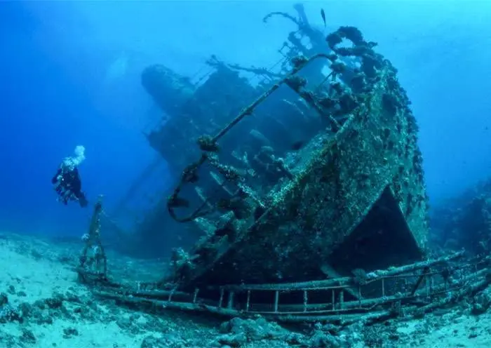 A shipwreck underwater with a diver beside it