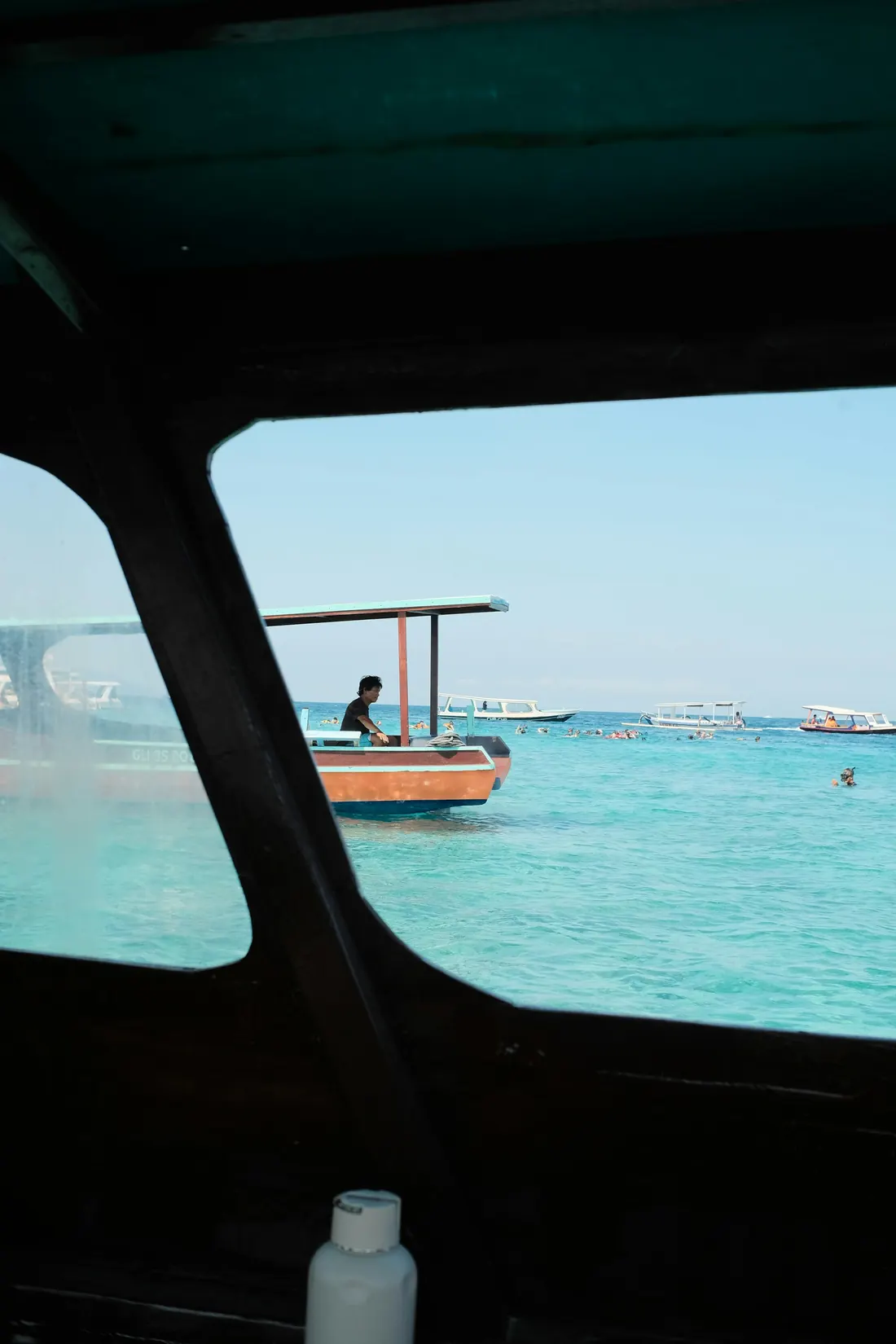 A traditional outrigger boat, seen from a snorkel trip off Gili Trawangan