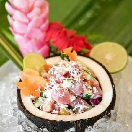 Poisson cru, the Tahitian raw fish salad, served in a coconut