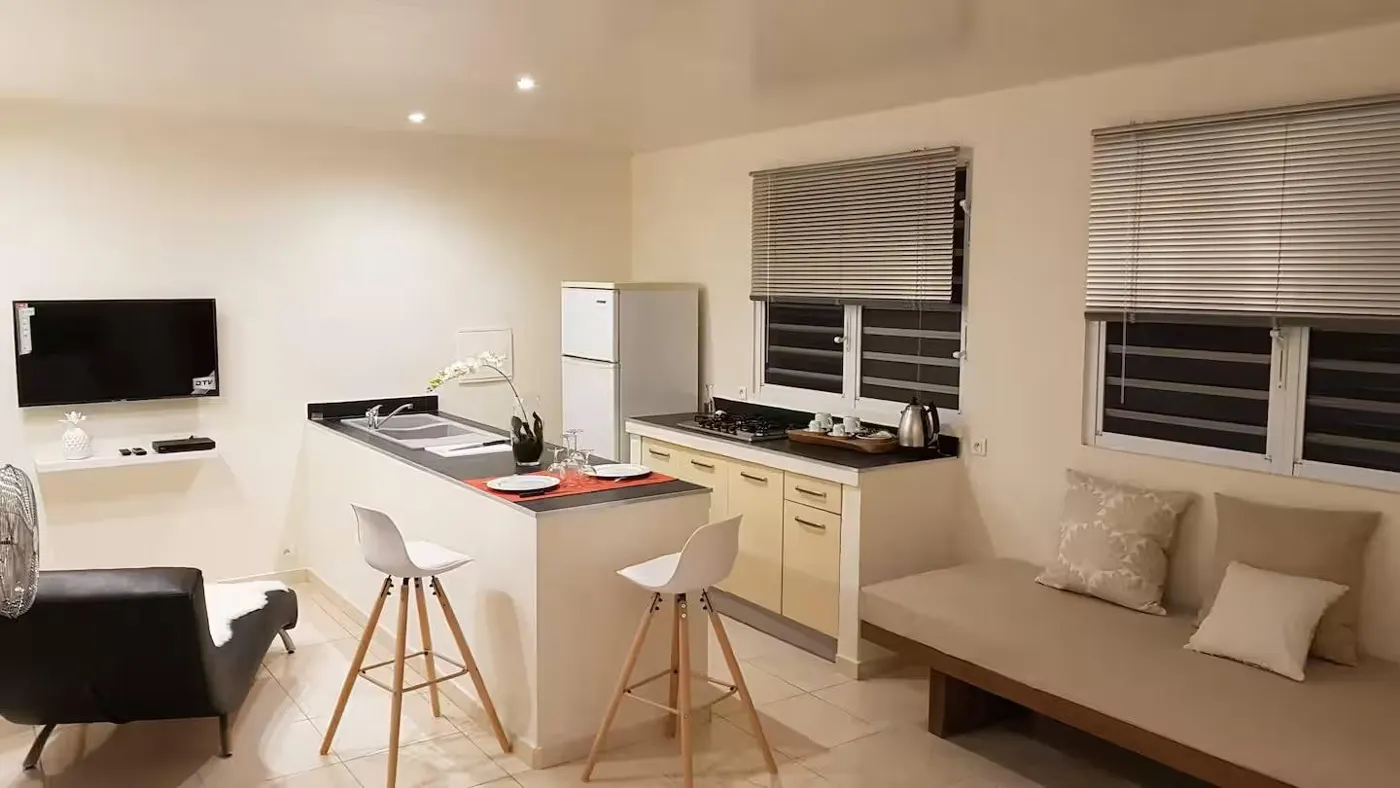 The studio kitchenette and living space
